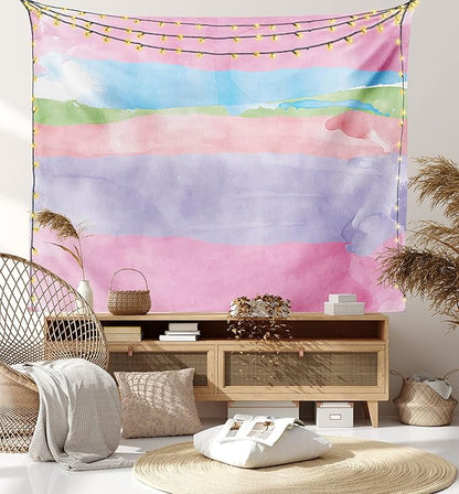 Lunarable Abstract Tapestry Twin Size, Paintbrush Watercolor Large Pastel Horizontal Stripes in Various Tones Boho Print, Wall Hanging Bedspread Bed Cover Wall Decor, Twin Size, Lilac Pink