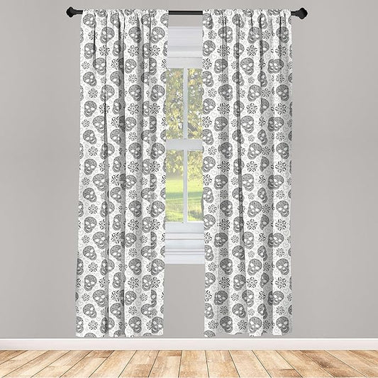 Ambesonne Skull Curtains, Abstract Floral Skulls Daisies Hearts Circles Illustration Vintage Style Print, Window Treatments 2 Panel Set for Living Room Bedroom, Pair of - 28" x 63", Black and White