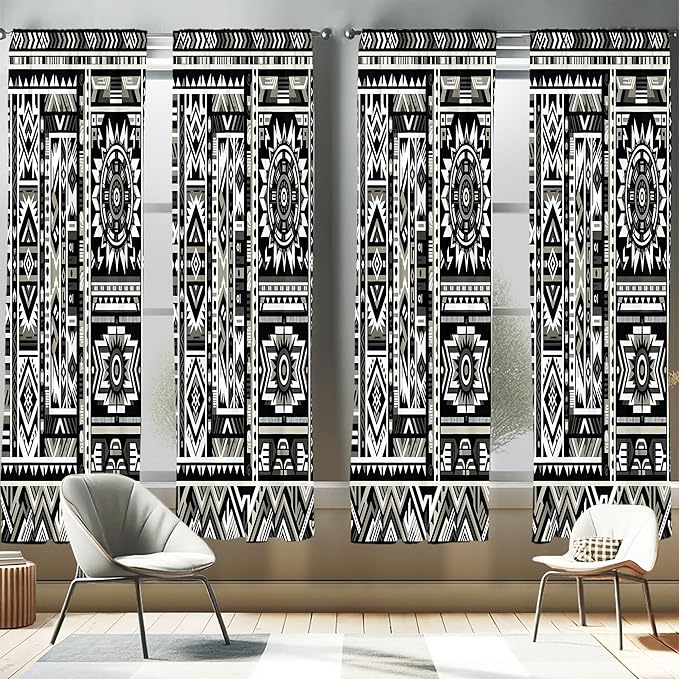 Ambesonne Southwestern Window Curtains Pack of 2, Monochrome Colors Design with Zigzags Arrows and Cultural Motifs, Lightweight Set with Rod Pocket, 4 Panels of - 28" x 63", Charcoal Grey Pale Sepia