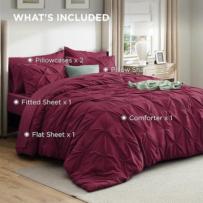 Bedsure Full Size Comforter Sets - Bedding Sets Full 7 Pieces, Pintuck Bed in a Bag Burgundy Bed Set with Comforter, Sheets, Pillowcases & Shams