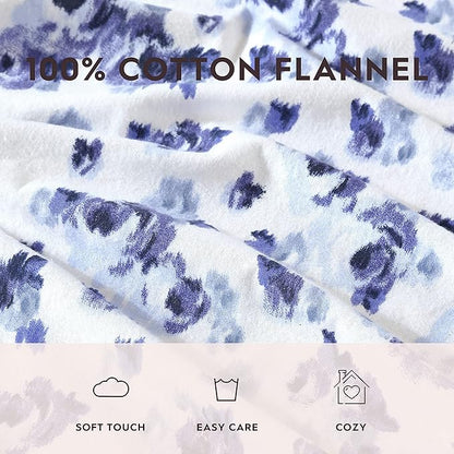 Laura Ashley - Flannel Sheets Queen Size, Anti-Pilling & Wrinkle Resistant Cotton, Touchably Soft for All-Season Comfort - Bed Sheets with Matching Pillowcases & Fitted Sheet (Emelisa Blue)