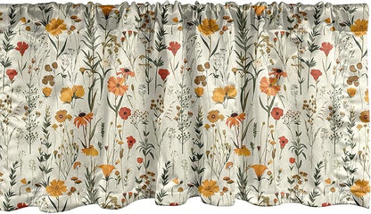 Ambesonne Fall Window Valance, Wild Flowers Illustration Print Vintage Autumnal Theme Farmhouse Vibe, Curtain Valance for Kitchen Bedroom Decor with Rod Pocket, 54" X 12", Mustard Orange Sage Green