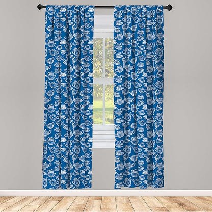 Ambesonne Teapot Window Curtains, Rhythmic Engraving Sketch Style Dotted Pots Tea Vintage Cups Pattern, Lightweight Decor 2-Panel Set with Rod Pocket, Pair of - 28" x 84", Cobalt Blue and White