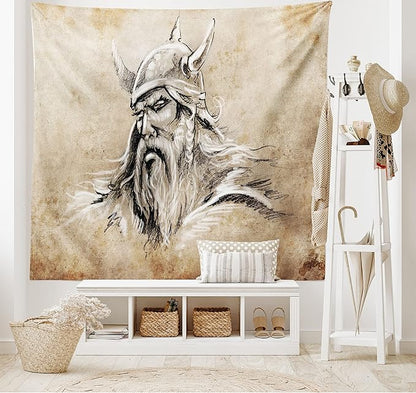 Lunarable Viking Tapestry, Sketch Style Scandinavian Warrior with Beard and Hat Masculine Portrait Tattoo, Wide Wall Hanging for Bedroom Living Room Dorm, 60" X 40", Beige Tan