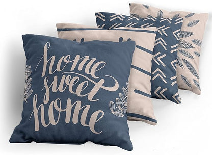 Ambesonne Modern Throw Pillow Cushion Case Pack of 4, Scandinavian Minimal Ornaments Boho Feather Leaves and Home Phrase, Modern Accent Double-Sided Digital Printing, 16", Pale Tan and Slate Blue