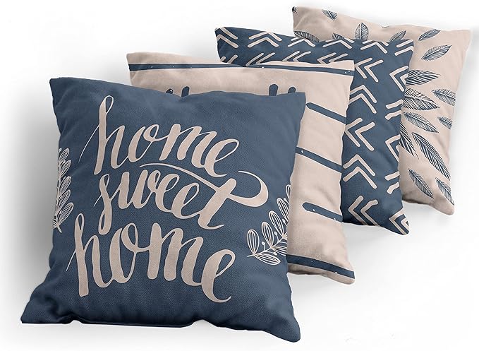 Ambesonne Modern Throw Pillow Cushion Case Pack of 4, Scandinavian Minimal Ornaments Boho Feather Leaves and Home Phrase, Modern Accent Double-Sided Digital Printing, 20", Pale Tan and Slate Blue
