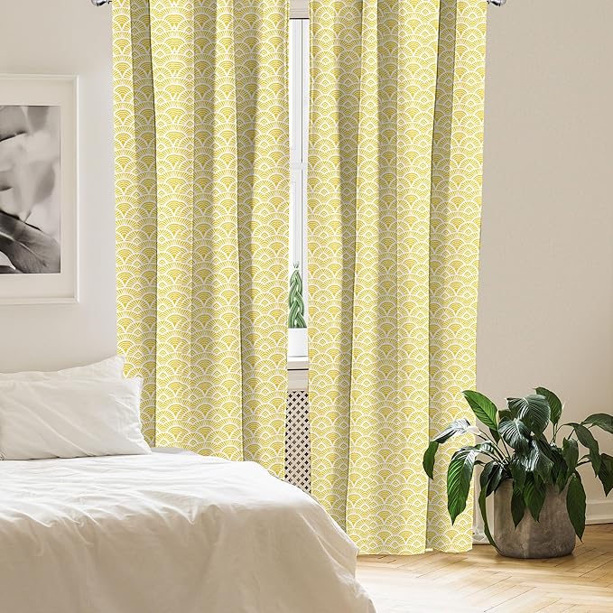 Ambesonne Abstract Window Curtains, Hand Drawn Vintage Half Circles Sun Themed Bohemian Ornamental Vibrant Pattern, Lightweight Decor 2-Panel Set with Rod Pocket, Pair of - 28" x 63", White and Yellow