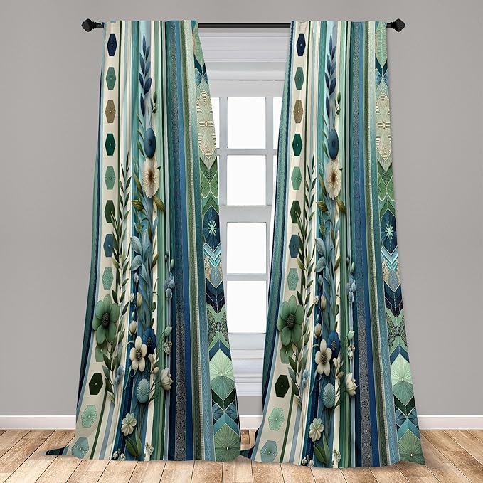 Ambesonne Bohemian Curtains, Hexagons Floral Botany Art in Cold Colors Ocean and Nature Tones, Window Treatments 2 Panel Set for Living Room Bedroom, Pair of - 28" x 63", Teal Green and Sea Blue