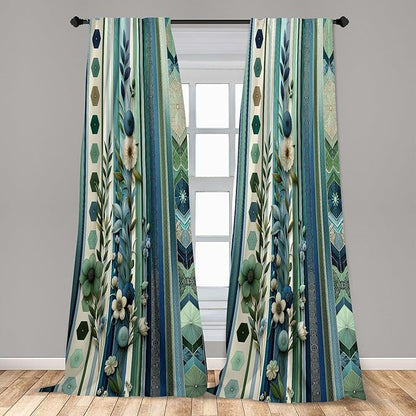 Ambesonne Bohemian Curtains, Hexagons Floral Botany Art in Cold Colors Ocean and Nature Tones, Window Treatments 2 Panel Set for Living Room Bedroom, Pair of - 28" x 95", Teal Green and Sea Blue