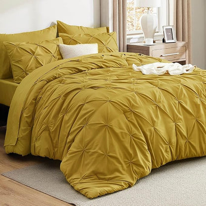 Bedsure Queen Comforter Set - Bed in a Bag Queen Size Bedding 7 Pieces, GentleSoft™ Pintuck Bed Set Gift for Family, Pinch Pleat Mustard Yellow Comforter with Sheets, Pillowcases & Shams