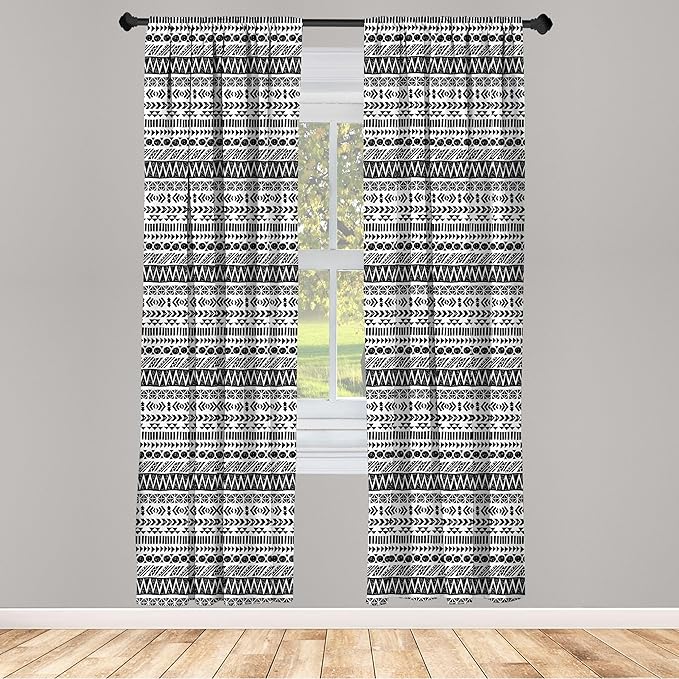 Ambesonne Striped Curtains, Trippy Mystic Aztec Culture Antique Aged Folk Old Bohemian Print, Window Treatments 2 Panel Set for Living Room Bedroom, Pair of - 28" x 63", White Black