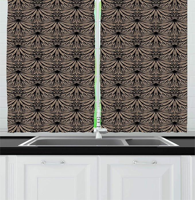 Lunarable Vintage Kitchen Curtains, Art Deco Inspired Pattern with Leafy Details Classic Antique Layout, Window Drapes 2 Panel Set for Kitchen Cafe Decor, 55" X 39", Charcoal Grey and Ecru