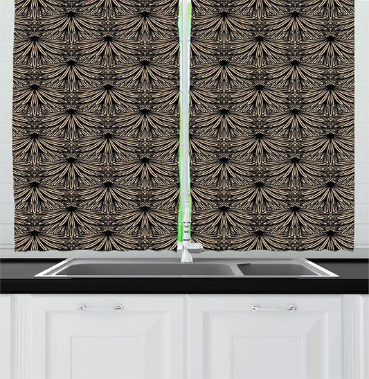 Lunarable Vintage Kitchen Curtains, Art Deco Inspired Pattern with Leafy Details Classic Antique Layout, Window Drapes 2 Panel Set for Kitchen Cafe Decor, 55" X 39", Charcoal Grey and Ecru