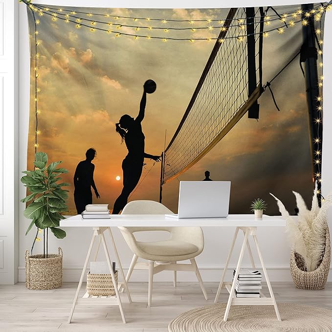 Lunarable Volleyball Tapestry, Beach Sports at Sunset Open Sky Net and Ball Activity Excitement Fun and Games, Wide Wall Hanging for Bedroom Living Room Dorm, 60" X 40", Black