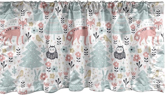 Lunarable Scandinavian Window Valance, Owls and Fox Print in Nordic Cartoon Style, Curtain Valance for Kitchen Bedroom Decor with Rod Pocket, 54" X 18", Coral Pale Blue White