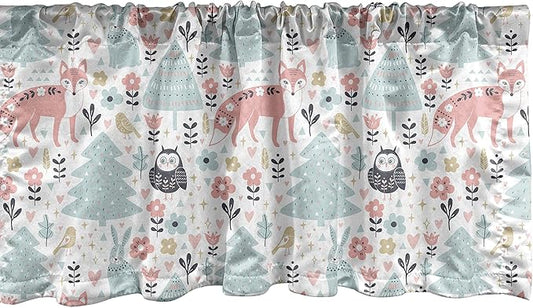 Lunarable Scandinavian Window Valance, Owls and Fox Print in Nordic Cartoon Style, Curtain Valance for Kitchen Bedroom Decor with Rod Pocket, 54" X 18", Coral Pale Blue White
