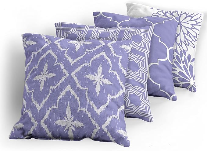 Ambesonne Vintage Throw Pillow Cushion Case Pack of 4, Monochrome Design Grid Trellis Quatrefoil Mesh and Dahlia Flowers Modern Print, Modern Accent Double-Sided Digital Printing, 24", Lavender White