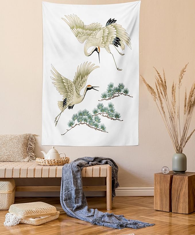 Lunarable Bird Tapestry Twin Size, 2 Japanese Cranes Flying Traditional Painting Style Far Eastern Illustration, Wall Hanging Bedspread Bed Cover Wall Decor, Twin Size, Ivory Green Black