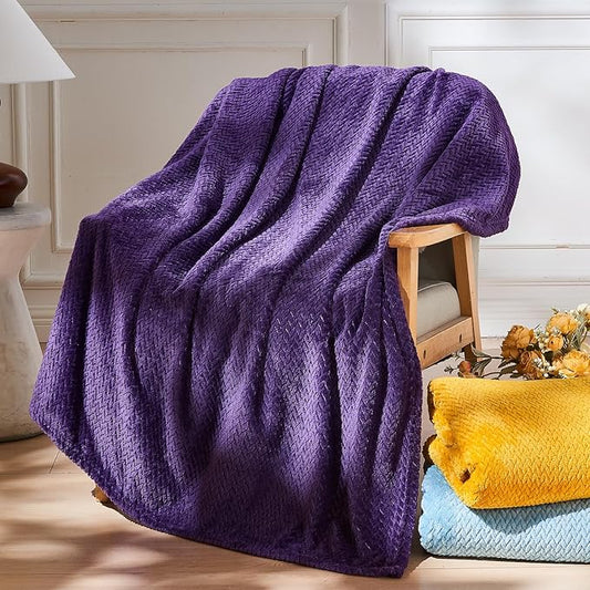 NEWCOSPLAY Super Soft Queen Blanket Dark Purple Premium Silky Flannel Fleece Leaves Pattern Lightweight Bed Blanket All Season Use (Dark Purple, Queen(90"x90"))