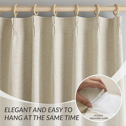 KangBang Pinch Pleat Blackout Linen Curtains 102 Inches Long, Pleated Linen Drapes 2 Panels Set for Living Room Dining with Hooks, Soft Elegant Window Treatments with Hooks,42Wx102L, Natural Beige