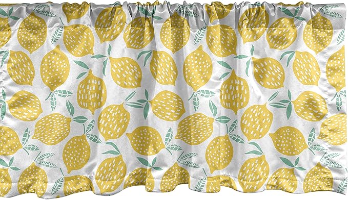 Lunarable Mint and Yellow Window Valance, Summer Fruit Pattern with Dots Stripes Doodle Lemons and Leaves, Curtain Valance for Kitchen Bedroom Decor with Rod Pocket, 54" X 12", Mint Green