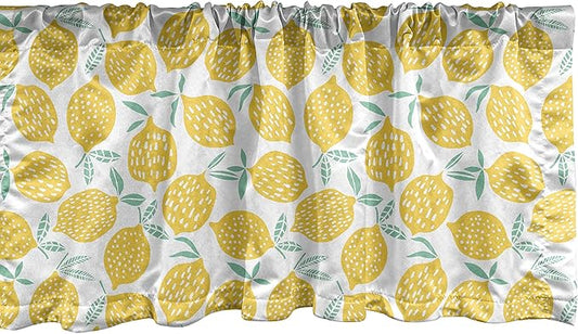 Lunarable Mint and Yellow Window Valance, Summer Fruit Pattern with Dots Stripes Doodle Lemons and Leaves, Curtain Valance for Kitchen Bedroom Decor with Rod Pocket, 54" X 12", Mint Green