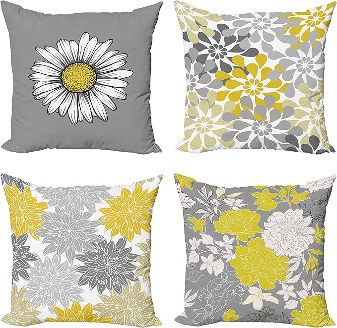 Ambesonne Floral Throw Pillow Cushion Case Pack of 4, Flower Petals Modern Color Palette Chamomile Peony Dahlia and Sunflower Print, Modern Accent Double-Sided Digital Printing, 16", Yellow and Grey