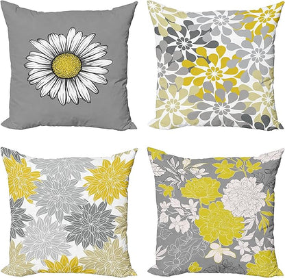 Ambesonne Floral Throw Pillow Cushion Case Pack of 4, Flower Petals Modern Color Palette Chamomile Peony Dahlia and Sunflower Print, Modern Accent Double-Sided Digital Printing, 20", Yellow and Grey