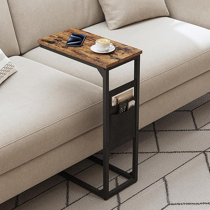 TUTOTAK C Shaped End Table, Side Table for Couch, Sofa Table with Storage Bag, TV Tray for Living Room, Bedroom, Brown TB01BB082