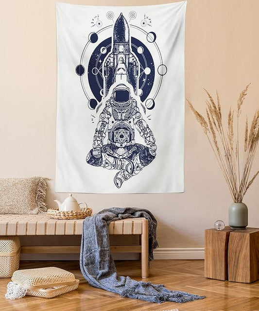 Lunarable Moon Phases Tapestry, Space Shuttle Astronaut in Lotus Position Tattoo Design Yoga Meditation, Wall Hanging for Bedroom Living Room Dorm Decor, 60" X 80", Dark Blue White