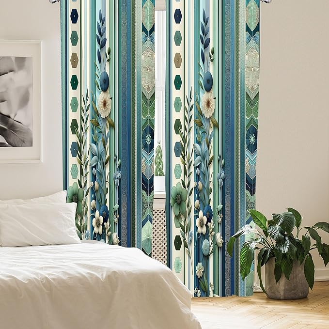 Ambesonne Bohemian Curtains, Hexagons Floral Botany Art in Cold Colors Ocean and Nature Tones, Window Treatments 2 Panel Set for Living Room Bedroom, Pair of - 28" x 95", Teal Green and Sea Blue
