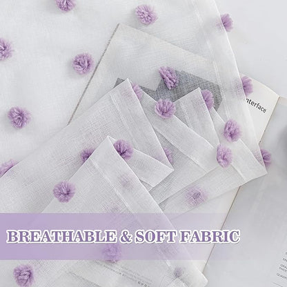 MYSKY HOME Purple Curtains for Girls Bedroom 84 Inch Long White Sheer Curtains with Lilac Pom Pom for Living Room Nursery Curtains 2 Panels Light Filtering Rod Pocket Semi Window Drapes 52 x 84 inch