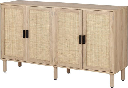 Finnhomy 4 Door Sideboard Buffet Cabinet, Kitchen Storage Cabinet with Rattan Decorated Doors, Cupboard Console Table, Boho Accent Liquor Cabinet for Home Bar, 62.3X 15.7X 34.6 Inches, Natural