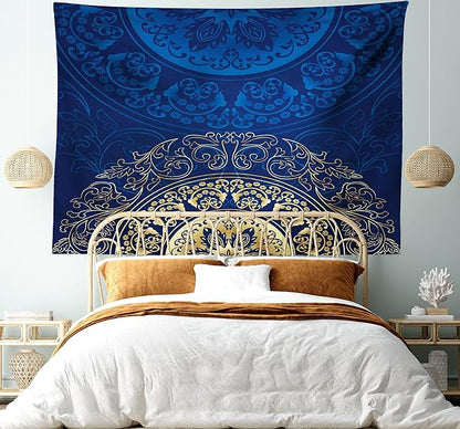 Lunarable Royal Blue Tapestry King Size, Vintage Eastern Circular Floral Old Fashioned Design, Wall Hanging Bedspread Bed Cover Wall Decor, King Size, Blue Yellow