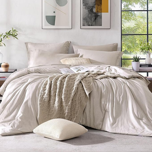 Monbix Full Size Comforter Set, Oatmeal Bedding Comforter for Full Size Bed Set Reversible, Bedding Sets Full 7 Pieces, Cationic Dyeing Bed in a Bag with Comforter, Sheets, Pillowcases & Shams