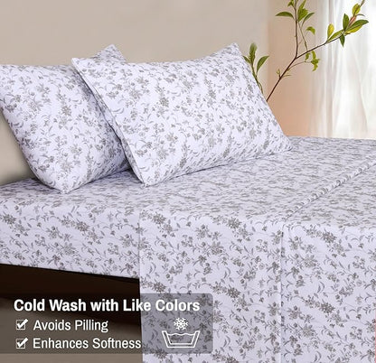 RUVANTI Flannel Sheets King Size - 100% Cotton Brushed King Size Sheets Set - Deep Pockets 16 Inches Bed Sheets - All Seasons Breathable & Extra Soft - Warm & Cozy, 4 Piece, Vintage Flora