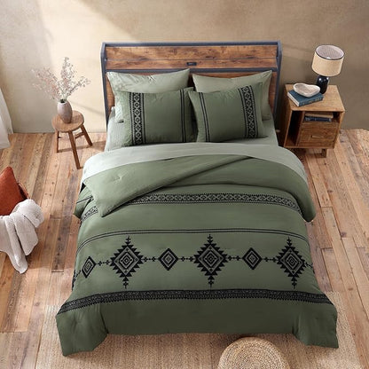 MaiRêve Olive Green Embroidery Comforter Sets Full Size - 7 Piece, Farmhouse Western Boho Comforter Set, All Season Bed in A Bag Full with Sheets, Pillowcases & Shams