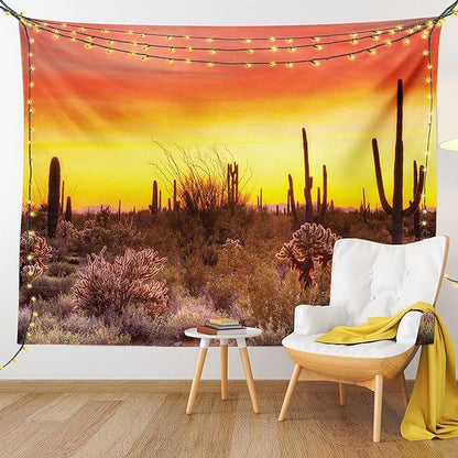 Ambesonne Saguaro Tapestry, Sun Rays Over Sonoran Desert at Sunset Brittle Bush Shrub Vibrant Colors, Wide Wall Hanging for Bedroom Living Room Dorm, 60" X 40", Red Orange Black