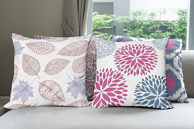 Ambesonne Vintage Throw Pillow Cushion Case Pack of 4, Bohemian Ornamental Leaves Dahlia Pattern Geometric Art Curlicue Motif, Modern Accent Double-Sided Digital Printing, 20", Pink and Dark Sky Blue