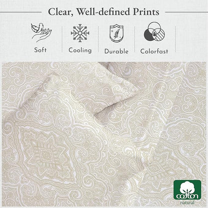 California Design Den Printed King Size Sheets Set - Luxury 400 Thread Count Sateen, Natural 100% Cotton Sheets, Deep Pockets, Cooling and Durable Bedding Set - Paisley Beige