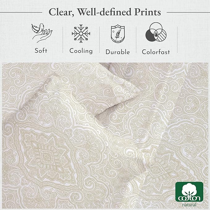 California Design Den Printed Twin XL Sheet Sets - 400 Thread Count Sateen, Natural 100% Cotton Sheets, Deep Pockets, Cooling and Durable Bedding Set - Paisley Pattern, Beige