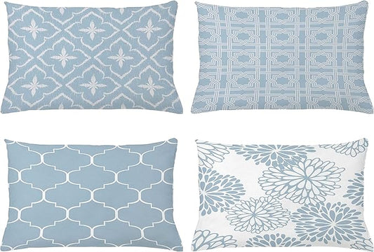 Ambesonne Vintage Throw Pillow CushiCase Pack 4, Monochrome Design Grid Trellis Quatrefoil Mesh Dahlia Flowers Modern, Modern Accent Double-Sided Digital Printing, 20" x 12", Pale Cadet Blue White