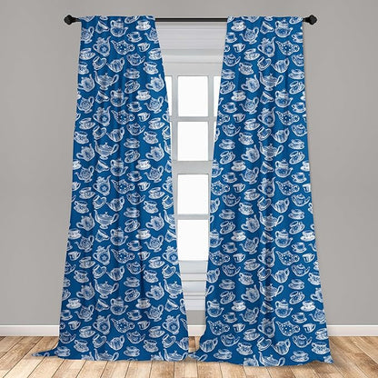 Ambesonne Teapot Window Curtains, Rhythmic Engraving Sketch Style Dotted Pots Tea Vintage Cups Pattern, Lightweight Decor 2-Panel Set with Rod Pocket, Pair of - 28" x 84", Cobalt Blue and White