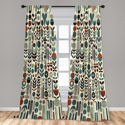 Ambesonne Leafy Art Window Curtains Pack of 2, Scandinavian Leaves Pattern with Geometric Roundy Modern Boho Print, Lightweight Set with Rod Pocket, 4 Panels of - 28" x 84", Pale Green Redwood Teal