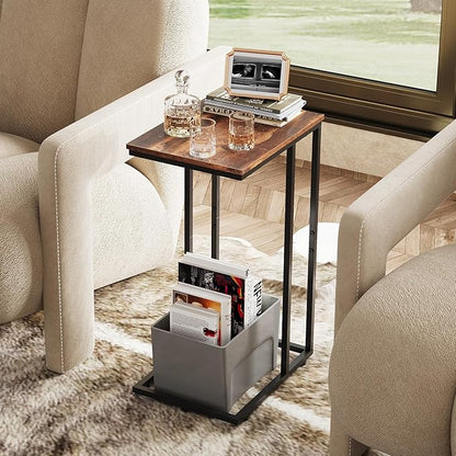 WLIVE Side Table, C Shaped End Table for Couch, Sofa and Bed, Large Desktop C Table for Living Room, Bedroom, Retro Brown and Black