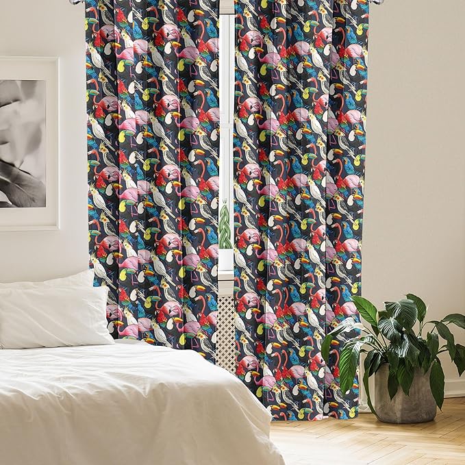 Ambesonne Animal 2 Panel Curtain Set, Colorful Exotic Birds Cockatoo Flamingo Macaw Parrot Toucan Tropic Wildlife Art, Window Treatment Living Room Bedroom Decor, Pair of - 28" x 84", Red Grey