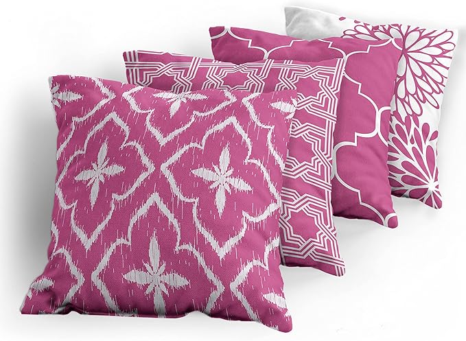 Ambesonne Vintage Throw Pillow Cushion Case Pack of 4, Monochrome Design Grid Trellis Quatrefoil Mesh and Dahlia Flowers Modern Print, Modern Accent Double-Sided Digital Printing, 24", Pink and White
