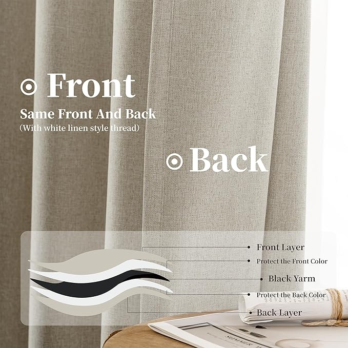 KangBang Full Blackout Linen Curtains 102 inches Long 2 PCs, Farmhouse Back Tab Pleated UV Protection Drapes, Floor to Ceiling Curtains for Bedroom Dining Room, Linen Color, 52Wx102L