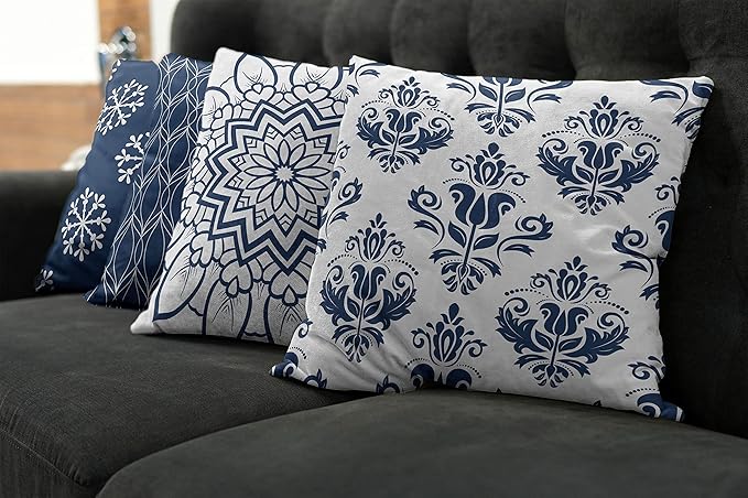Ambesonne Retro Throw Pillow Cushion Case Pack of 4, Trellis Grid Medieval Floral Damask Mandala Flower Ornament in Modern Monochrome, Modern Accent Double-Sided Digital Printing, 24", Dark Sky Blue