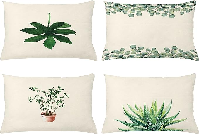 Ambesonne Botanical Throw Pillow Cushion Case Pack of 4, Minimalist Watercolor Painting Leaves Agave Branches Plant in a Pot, Modern Accent Double-Sided Printing, 20" x 12", Green White Pale Rust